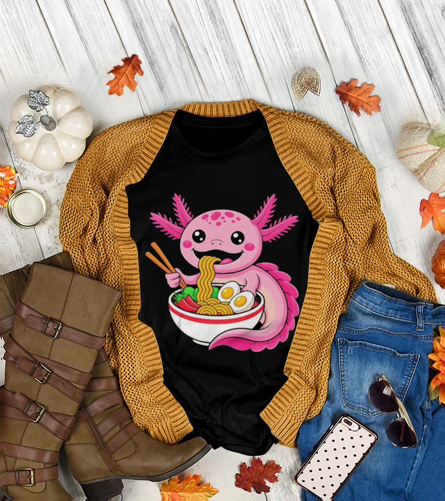 Axolotl Eating Ramen Kawaii Style With Chopsticks And Eggs T-Shirt