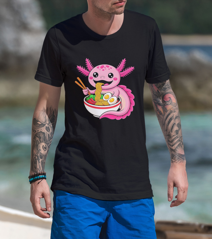 Axolotl Eating Ramen Kawaii Style With Chopsticks And Eggs T-Shirt