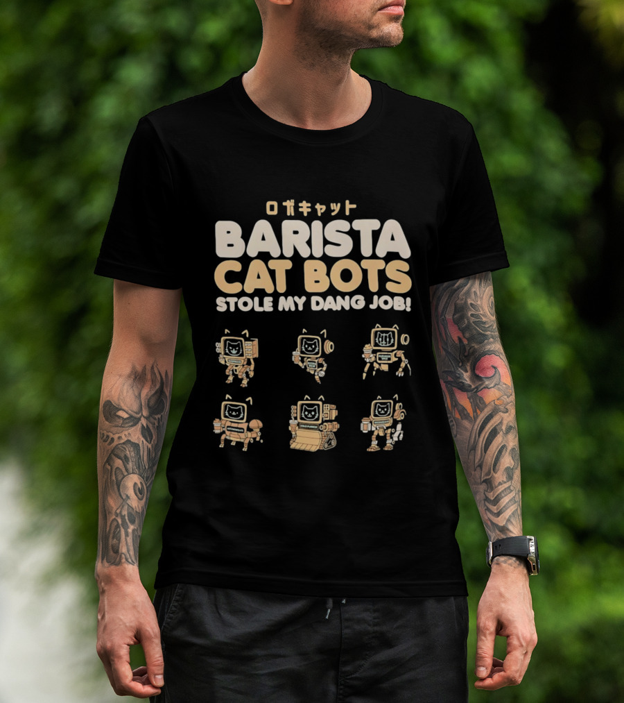 Barista Cat Bots Stole My Dang Job Retro Robot Cats Japanese T-Shirt