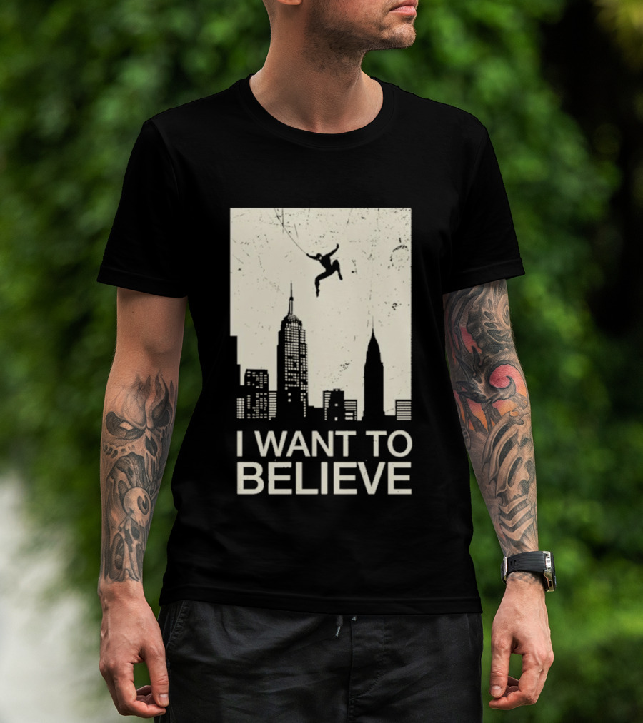 Friking I Want To Believe Swinging Hero Cityscape T-Shirt