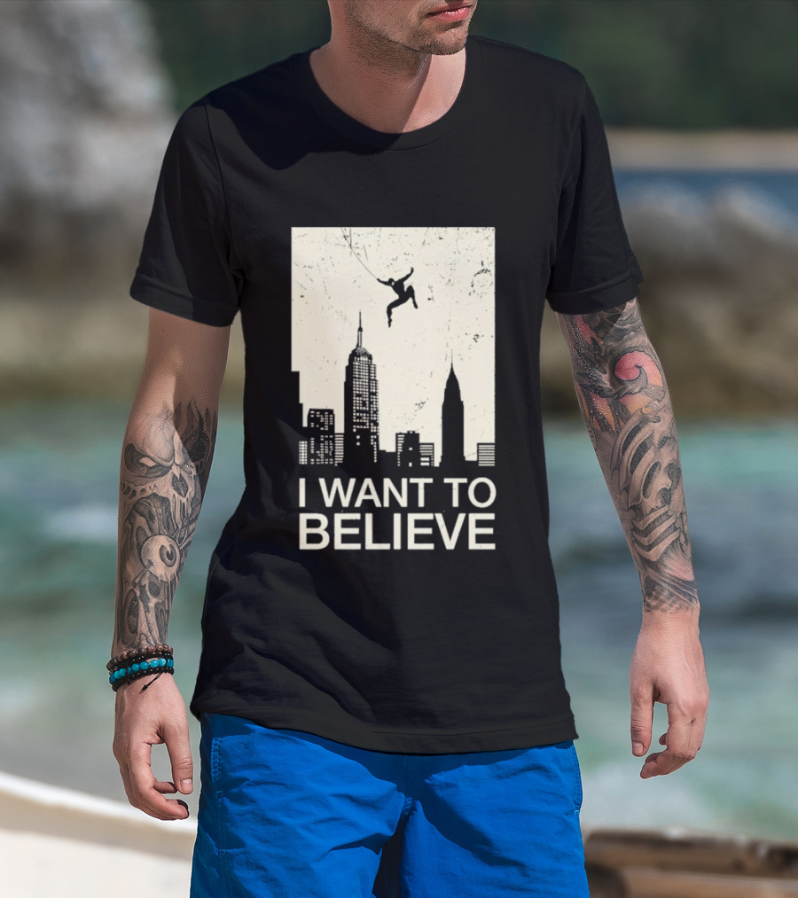 Friking I Want To Believe Swinging Hero Cityscape T-Shirt