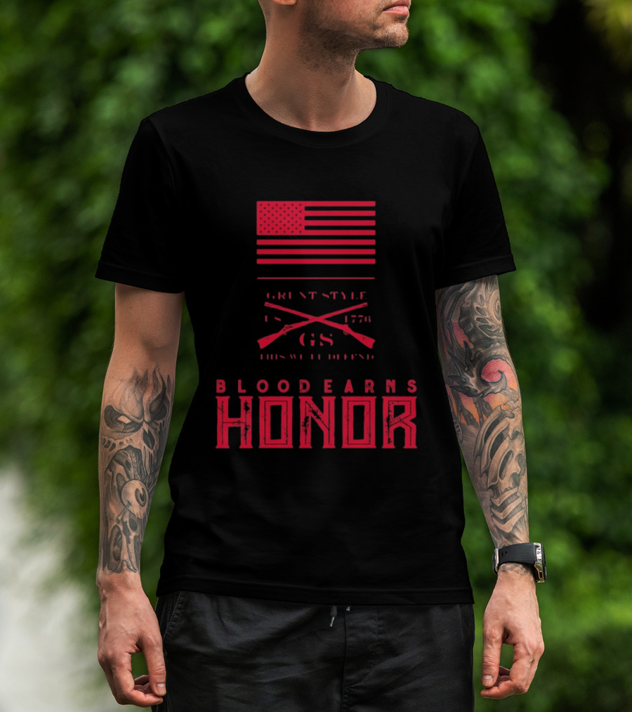 American Flag Blood Earns Honor Vintage Style 1776 Rifles T-Shirt
