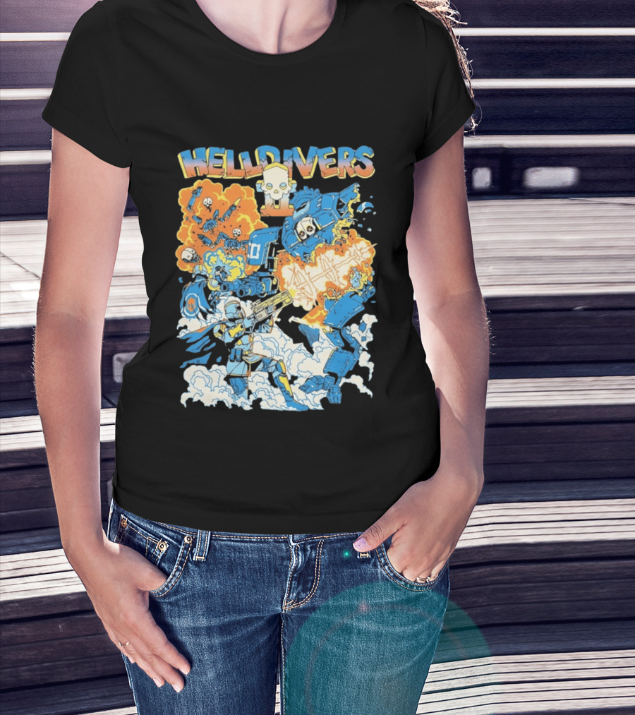 Helldivers Comic Style Explosive Battle Scene Skulls Robots Flames T-Shirt