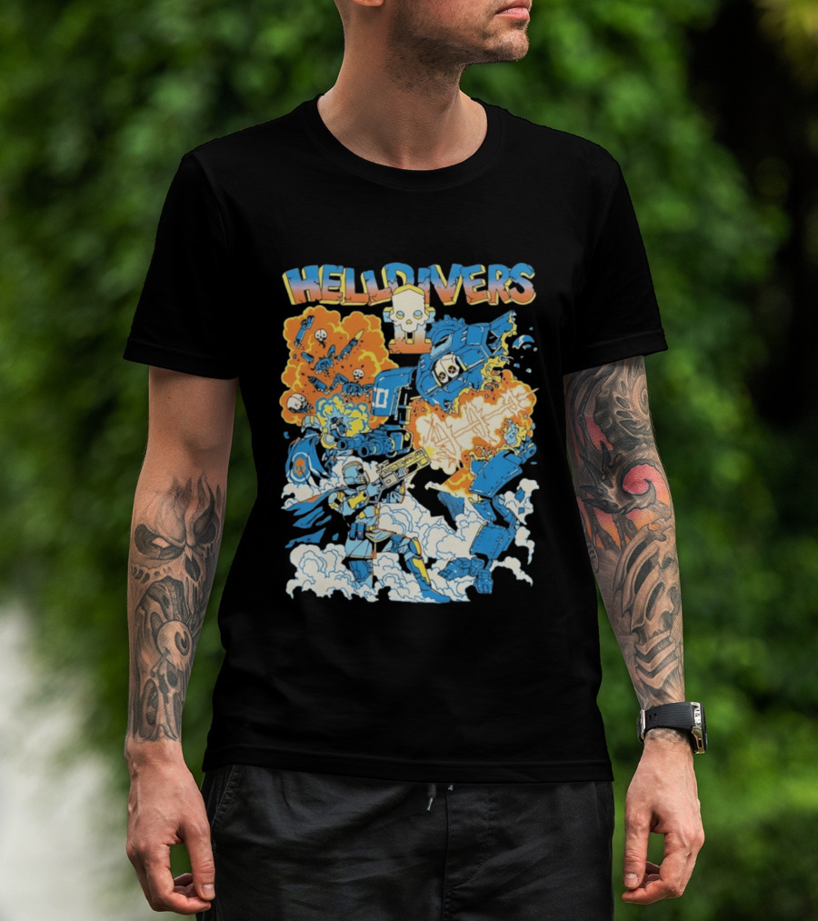 Helldivers Comic Style Explosive Battle Scene Skulls Robots Flames T-Shirt
