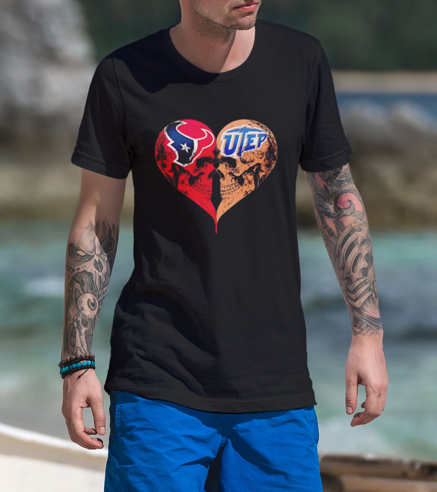 Houston Texans UTEP Miners Skulls Heart Shape Face To Face T-Shirt