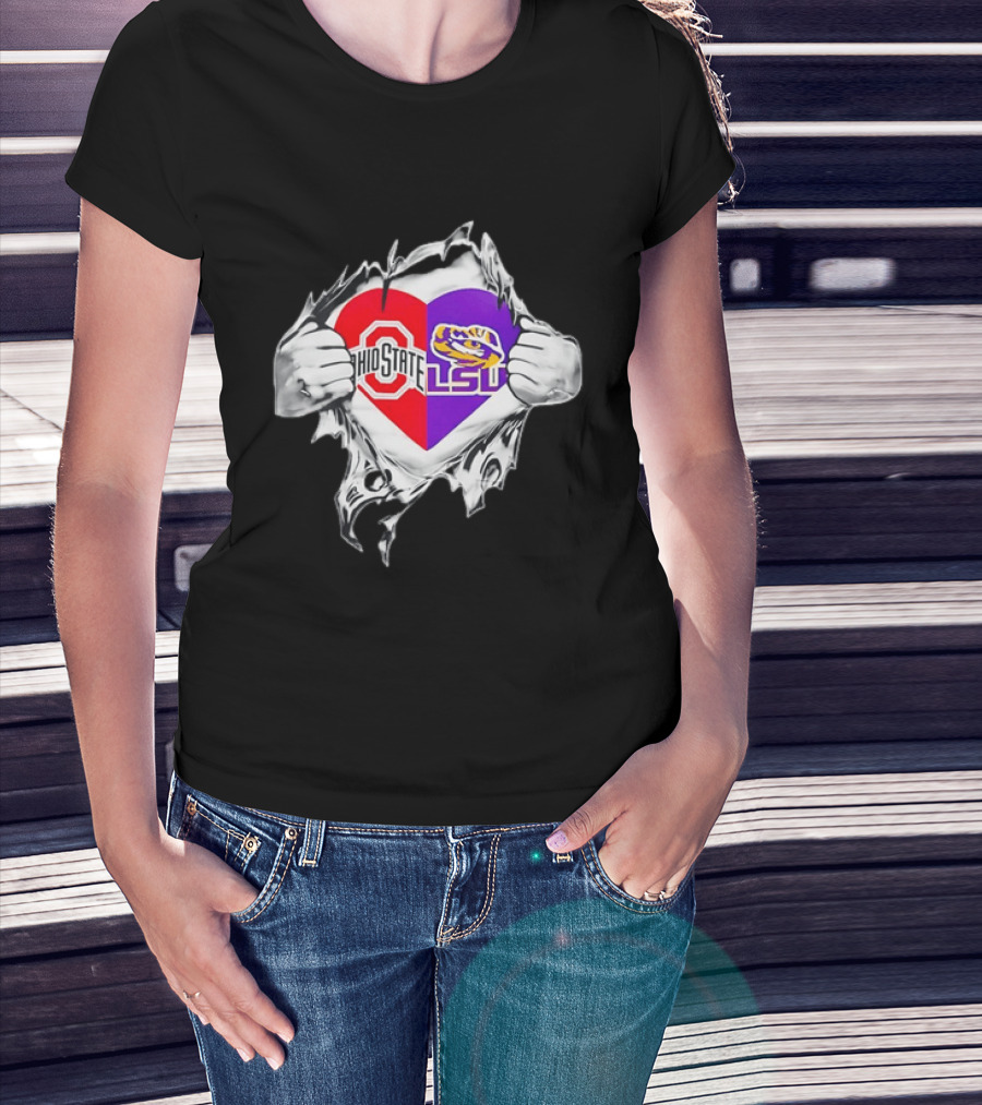 Ohio State LSU Heart Ripped Open Fan T-Shirt