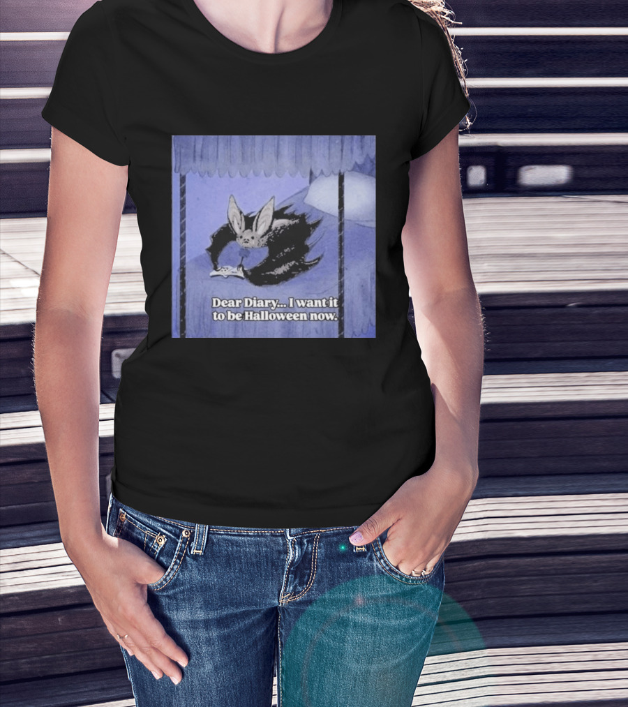 Dear Diary I Want It To Be Halloween Now Bat Creature Bed Scene T-Shirt