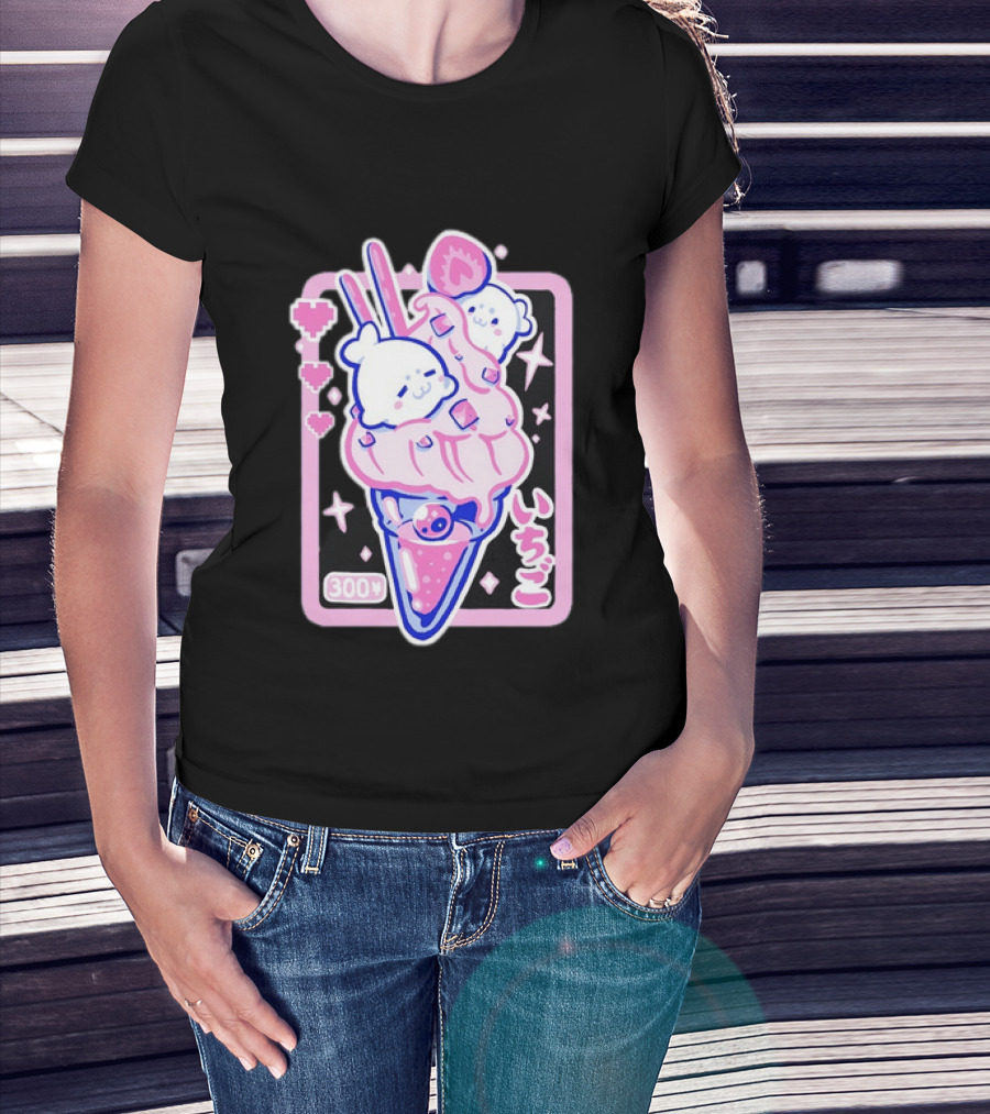 Kawaii Strawberry Ice Cream With Seals And 300 Yen Cute Hearts T-Shirt
