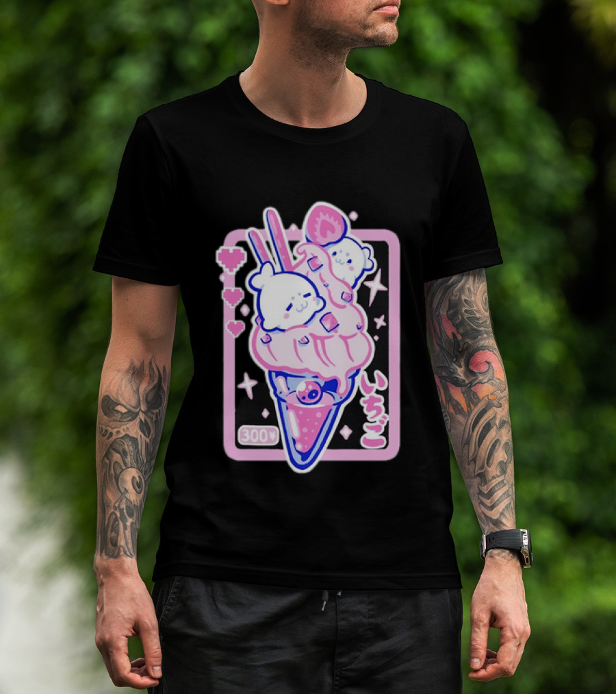 Kawaii Strawberry Ice Cream With Seals And 300 Yen Cute Hearts T-Shirt