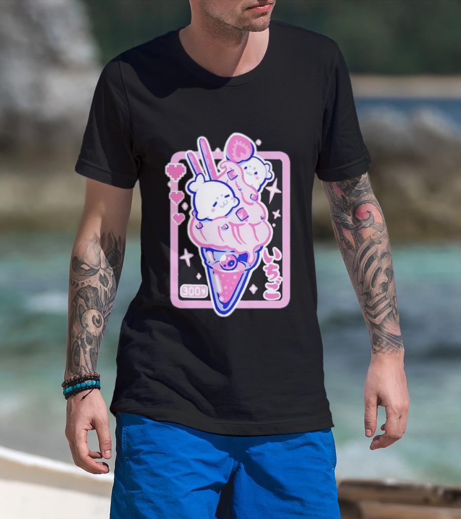 Kawaii Strawberry Ice Cream With Seals And 300 Yen Cute Hearts T-Shirt