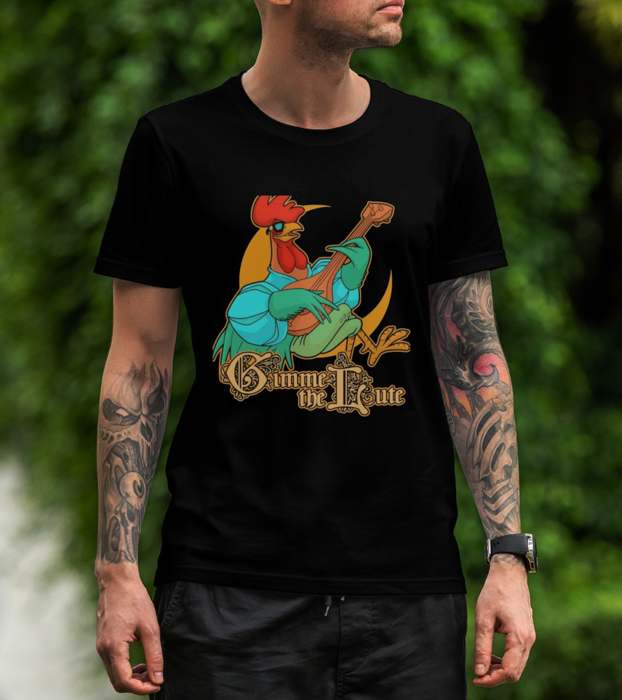 Rooster Musician Gimme The Lute Bard Funny Chicken Playing Instrument T-Shirt