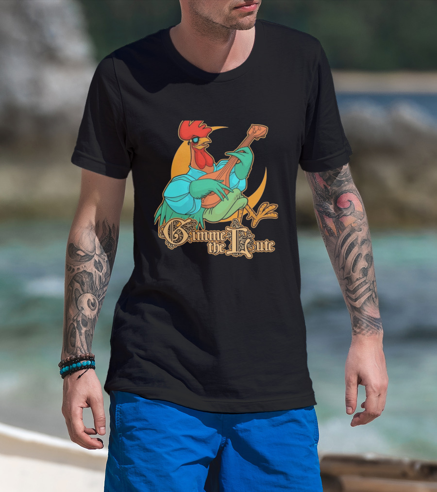 Rooster Musician Gimme The Lute Bard Funny Chicken Playing Instrument T-Shirt