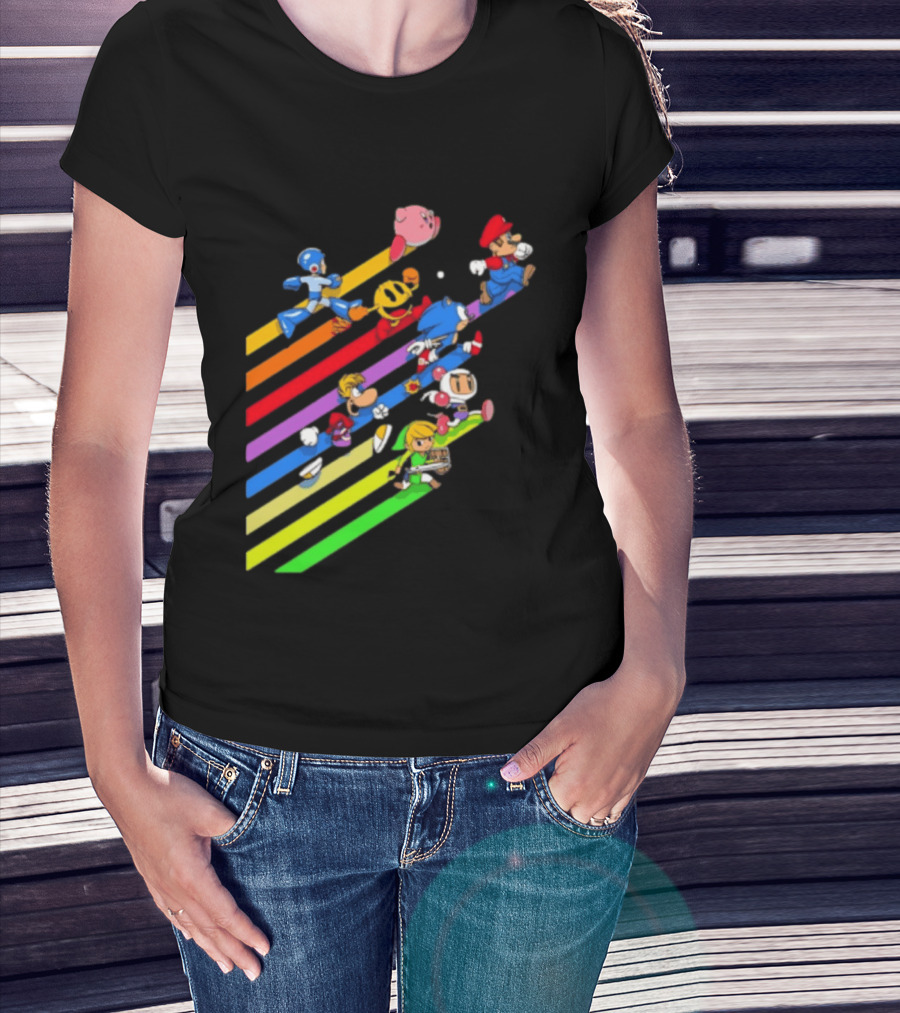 Legends Gaming Mario Pac Man Mega Man Sonic Link Kirby Bomberman Rayman Characters T-Shirt