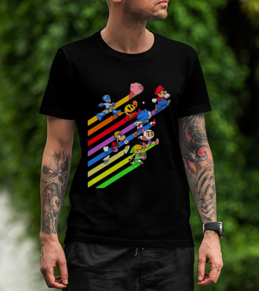 Legends Gaming Mario Pac Man Mega Man Sonic Link Kirby Bomberman Rayman Characters T-Shirt