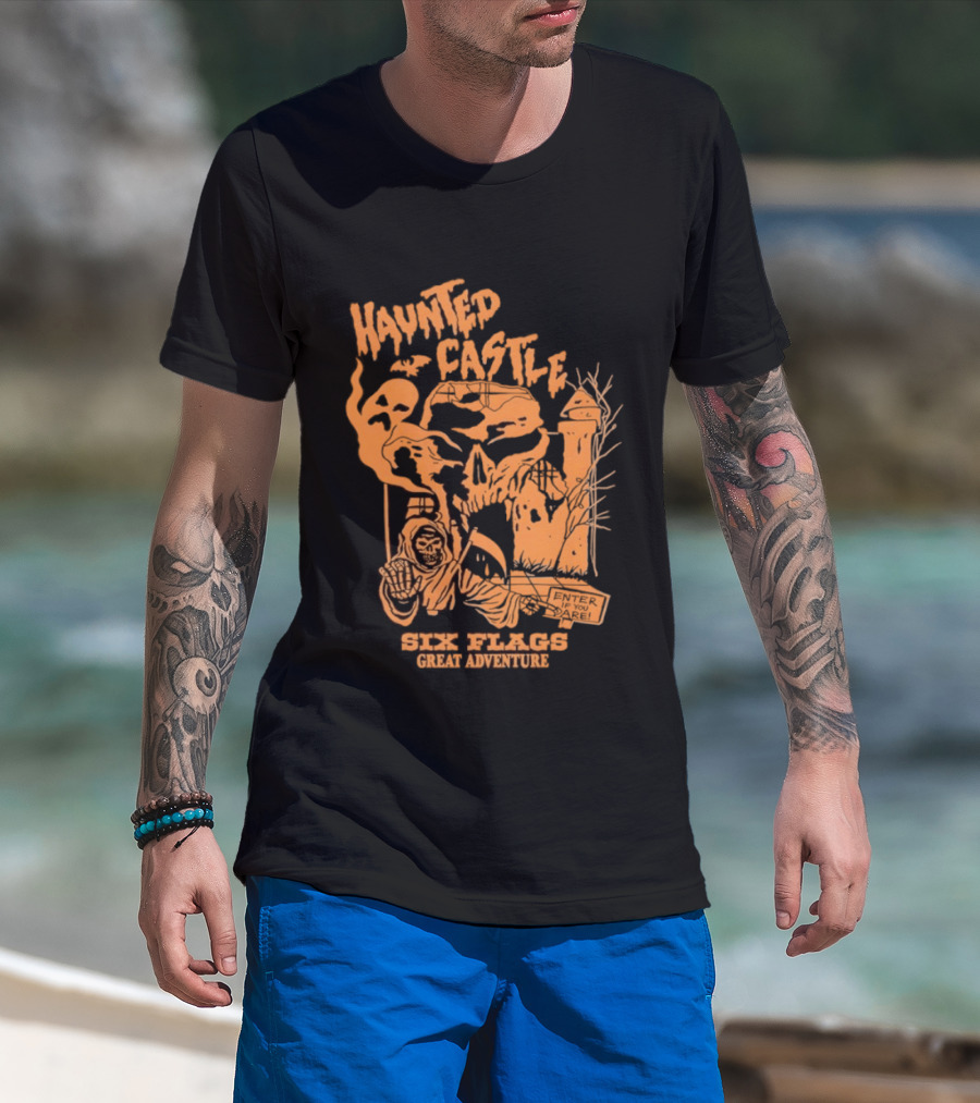 Six Flags Great Adventure Haunted Castle Enter If You Dare Spooky Skeleton And Ghosts T-Shirt