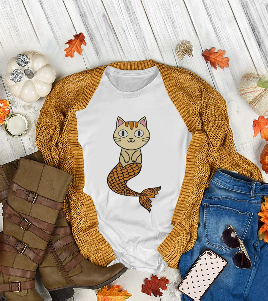 Cat Mermaid Whiskered Feline With Orange Scales T-Shirt