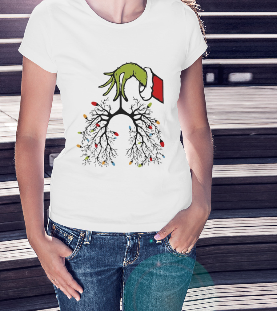 Christmas 2025 Nurse Lungs With Lights And Green Hand Santa Sleeve T-Shirt