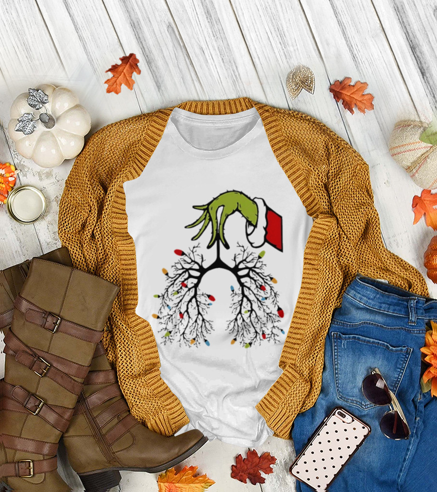 Christmas 2025 Nurse Lungs With Lights And Green Hand Santa Sleeve T-Shirt
