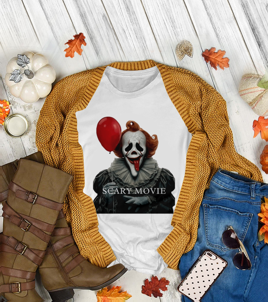 Pennywise Scary Movie Mashup Creepy Clown With Red Balloon T-Shirt