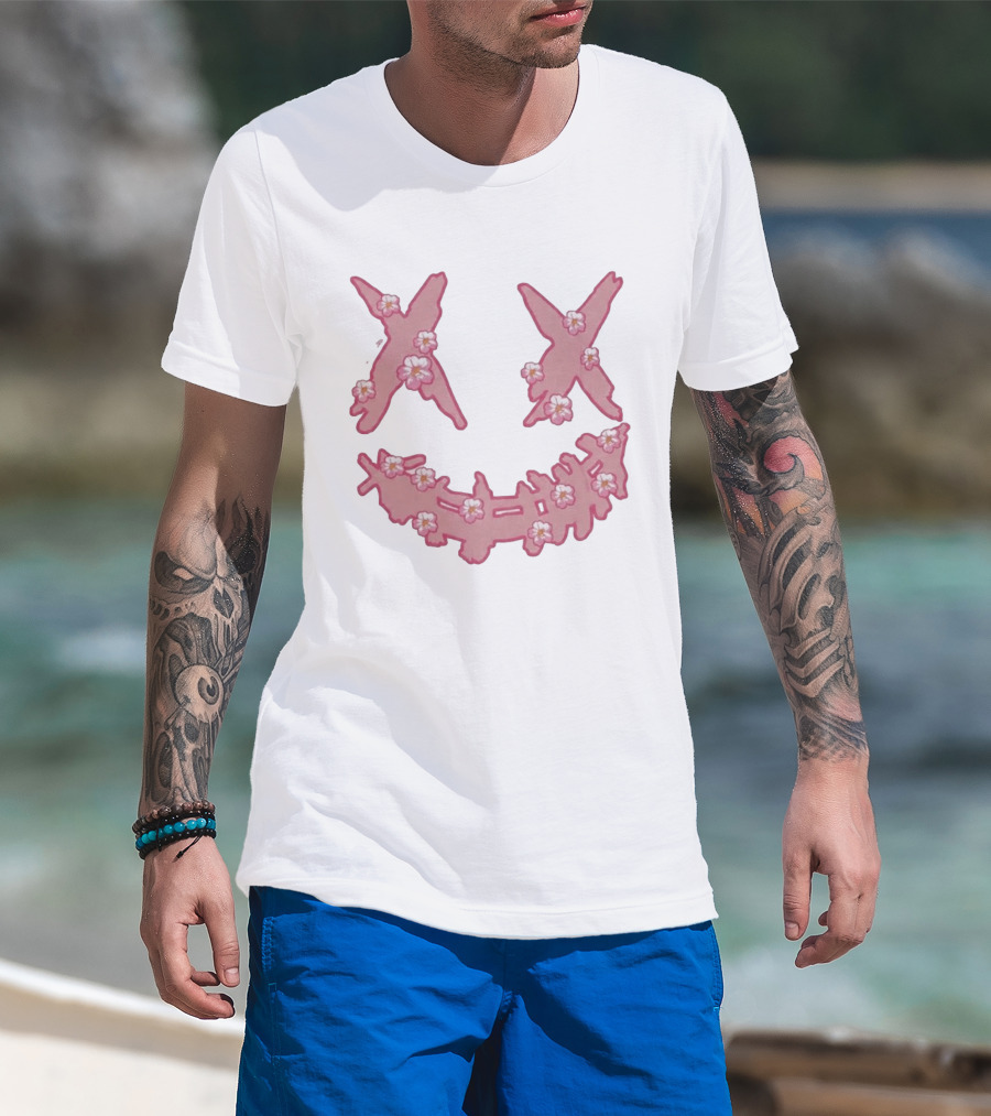 Kaos Ric Ricky Is Clown Sakura Pink Embroidery With Floral X Smiley T-Shirt