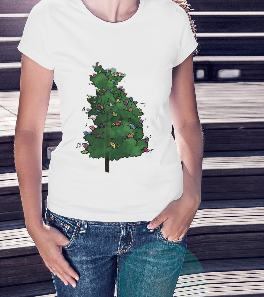 Colorful Singing Birds In Evergreen Tree With Musical Notes T-Shirt
