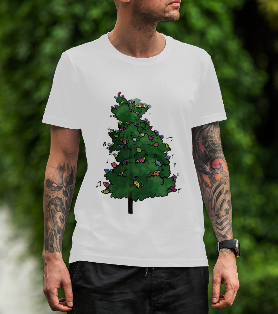 Colorful Singing Birds In Evergreen Tree With Musical Notes T-Shirt