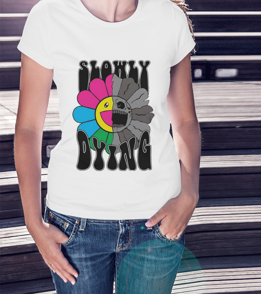Slowly Dying Colorful Flower Skull Dark Half Happy Half Grim T-Shirt