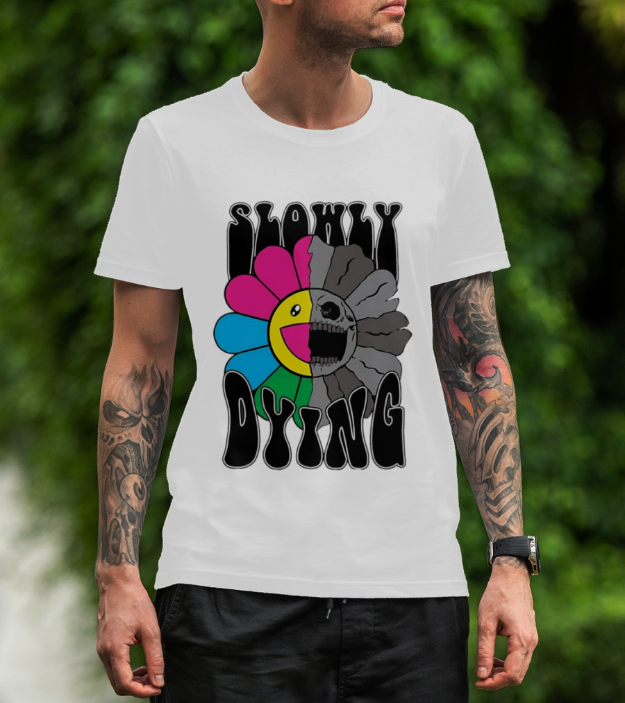 Slowly Dying Colorful Flower Skull Dark Half Happy Half Grim T-Shirt