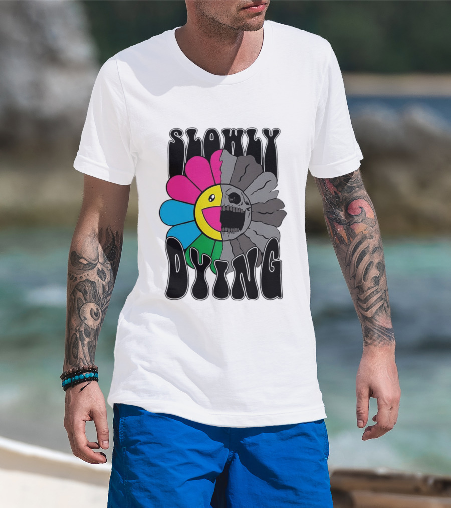 Slowly Dying Colorful Flower Skull Dark Half Happy Half Grim T-Shirt