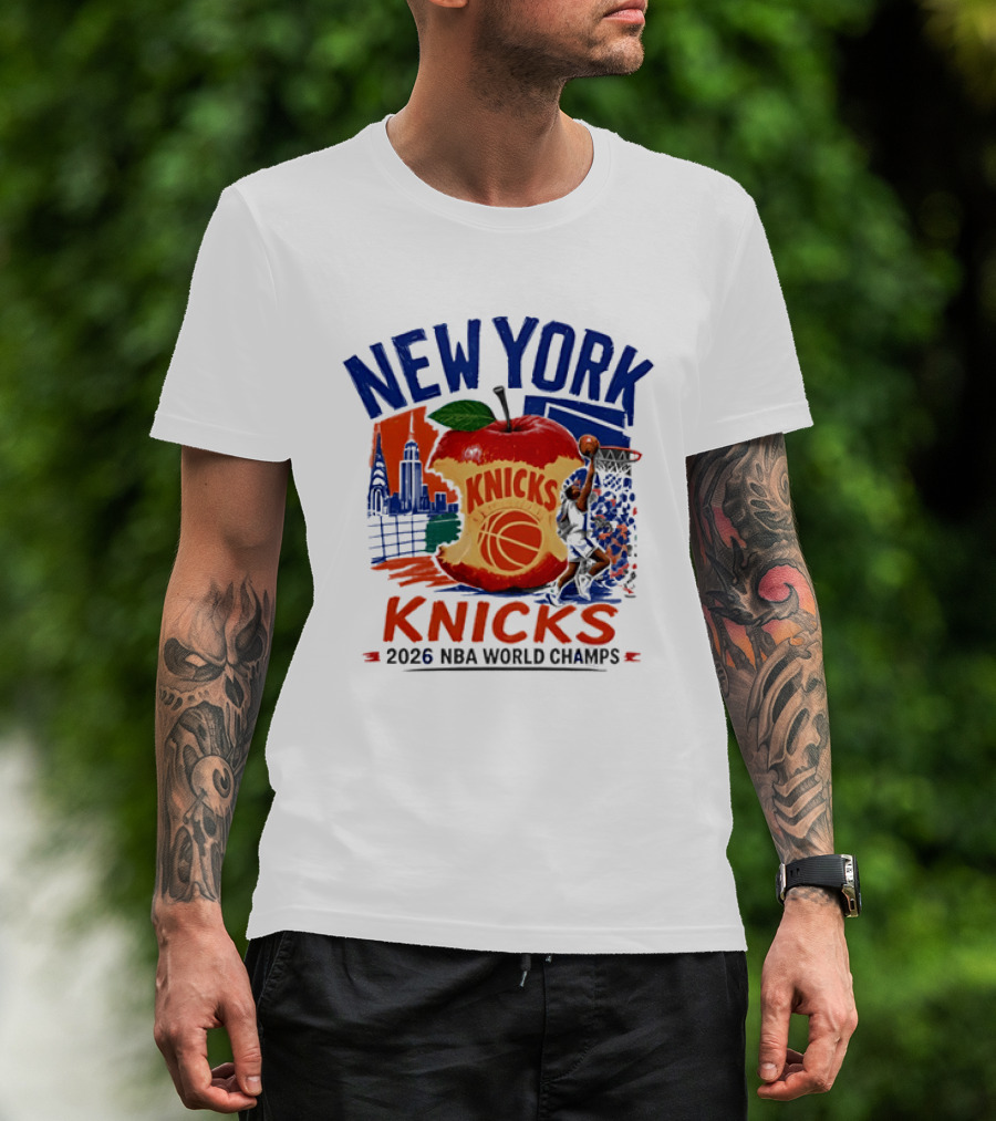 New York Knicks 2026 NBA World Champs Skyline Apple Basketball T-Shirt