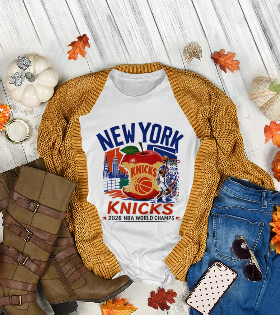 New York Knicks 2026 NBA World Champs Skyline Apple Basketball T-Shirt