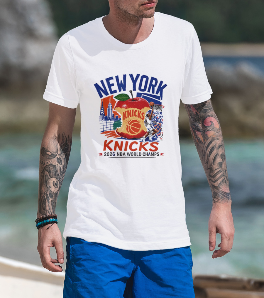 New York Knicks 2026 NBA World Champs Skyline Apple Basketball T-Shirt