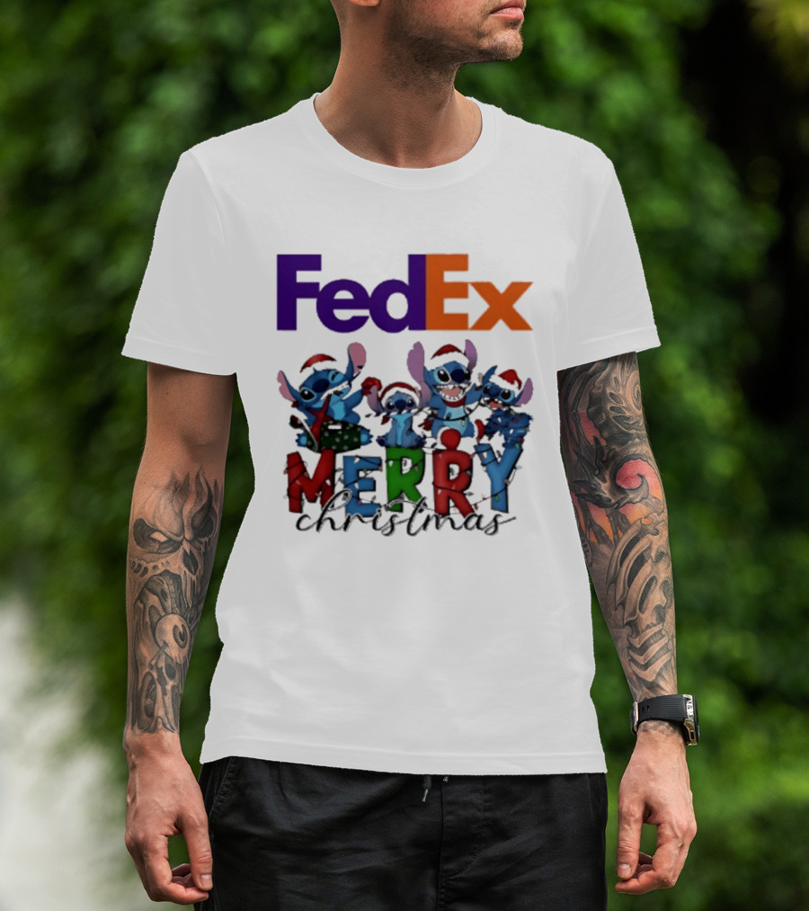 FedEx Stitch Merry Christmas 2025 Characters In Santa Hats T-Shirt
