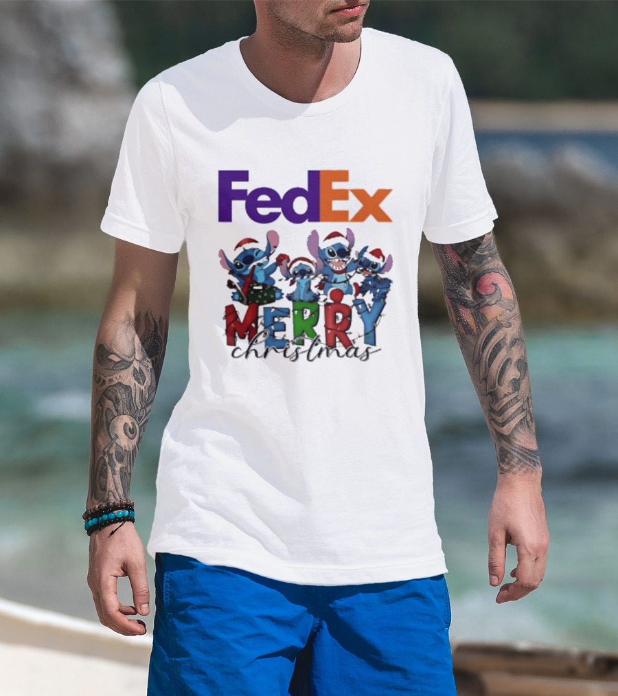 FedEx Stitch Merry Christmas 2025 Characters In Santa Hats T-Shirt