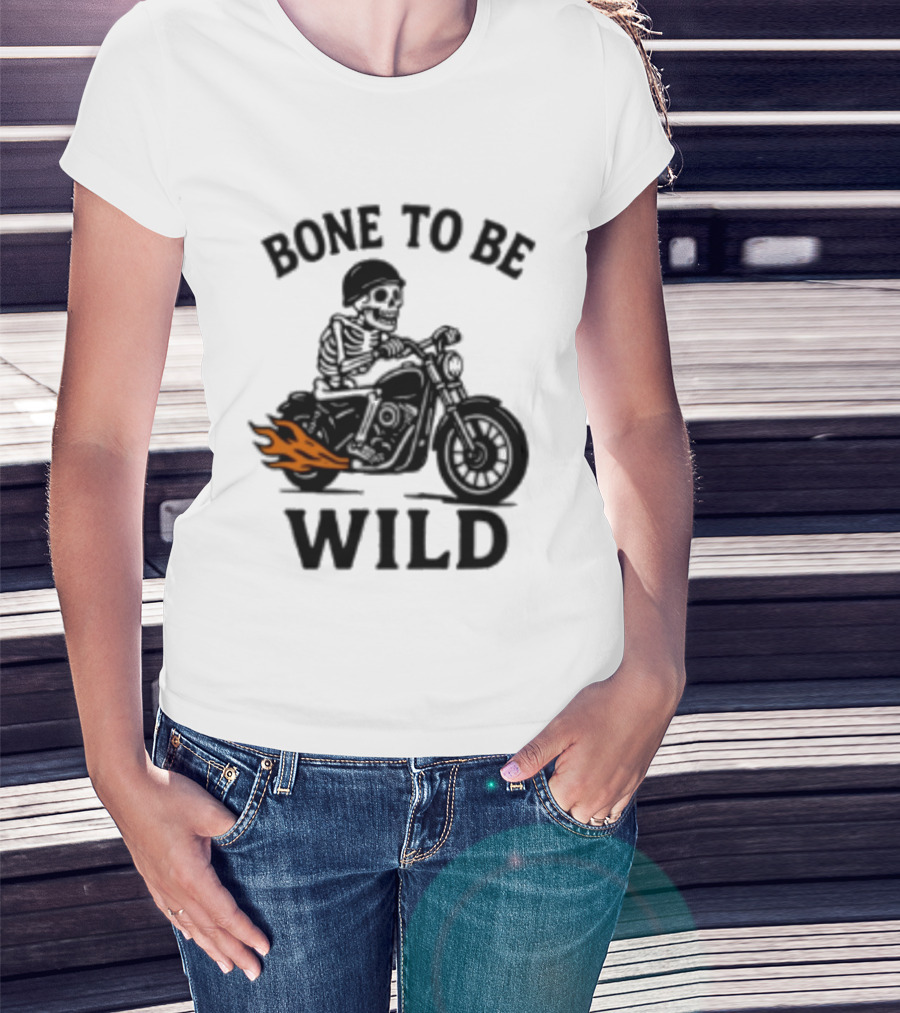 Bone To Be Wild Skeleton Motorcycle Rider Flames T-Shirt