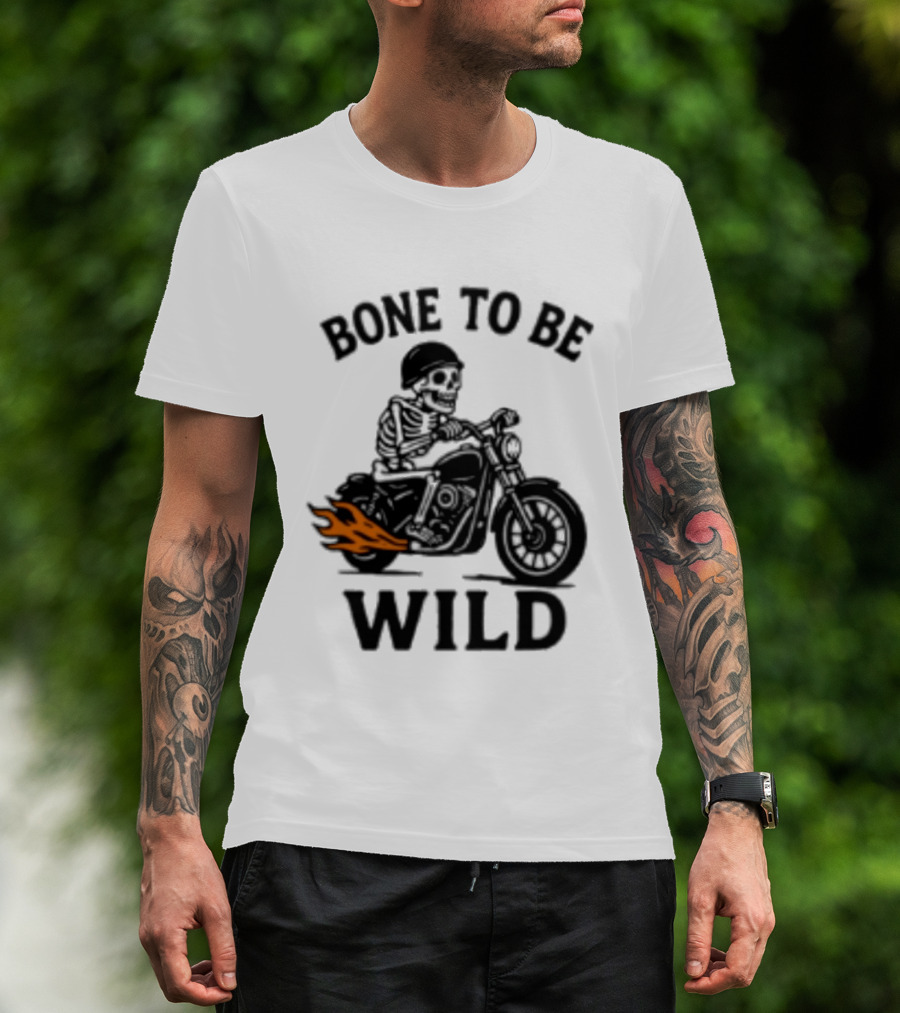 Bone To Be Wild Skeleton Motorcycle Rider Flames T-Shirt