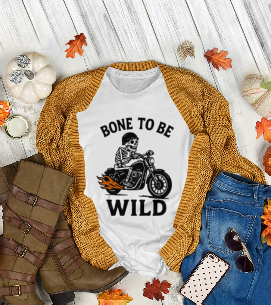 Bone To Be Wild Skeleton Motorcycle Rider Flames T-Shirt