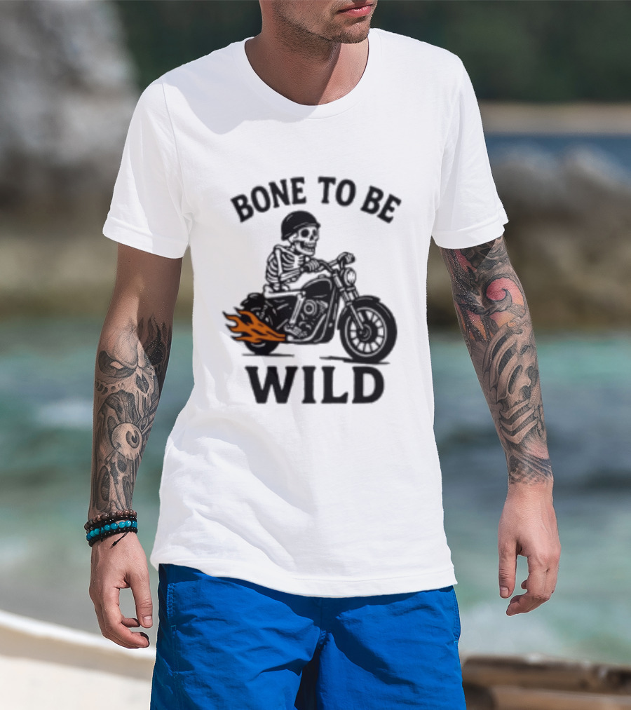 Bone To Be Wild Skeleton Motorcycle Rider Flames T-Shirt