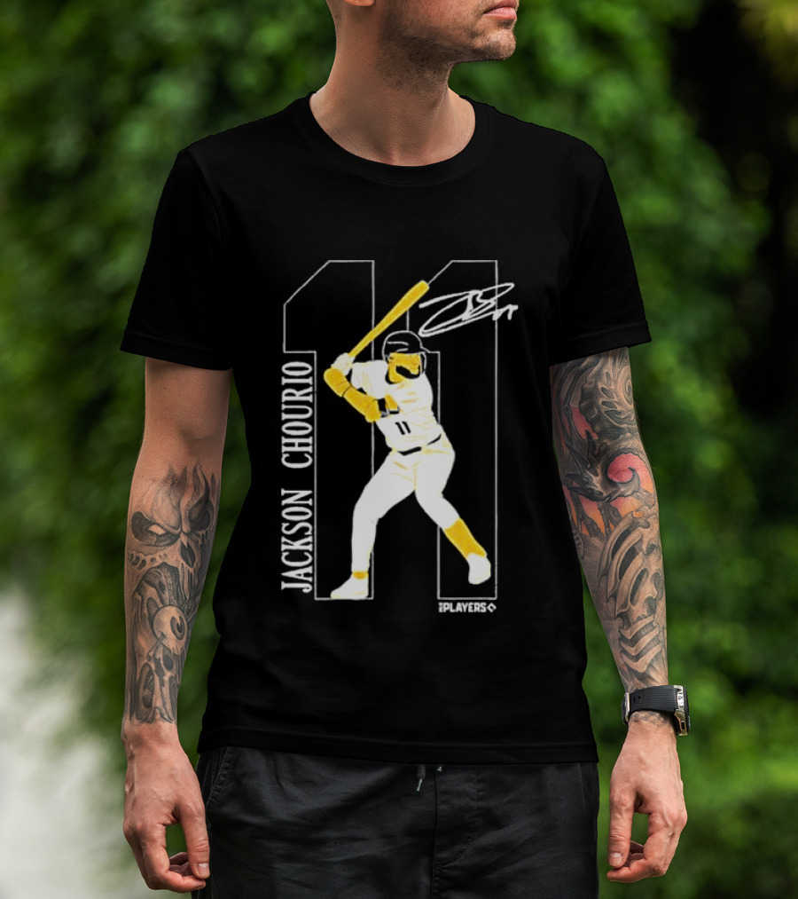 Jackson Chourio Brewers 11 Batting Pose Signature T-Shirt