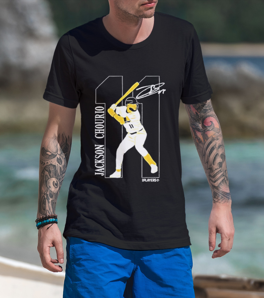 Jackson Chourio Brewers 11 Batting Pose Signature T-Shirt