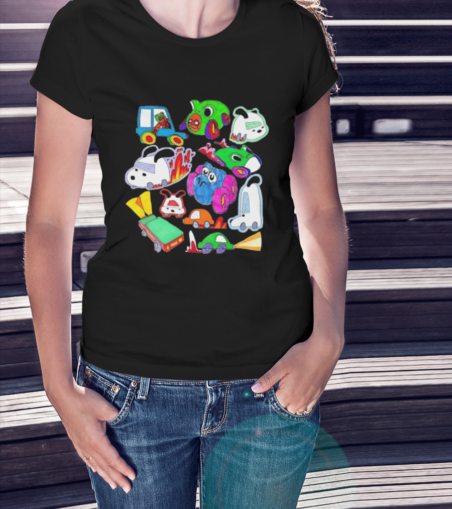 Colorful Cartoon Animal Toy Cars With Rocket Exhaust And Flames Racing Sketch T-Shirt