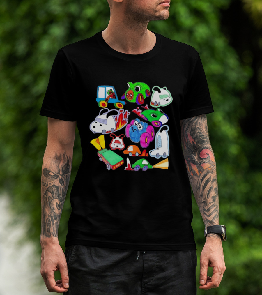 Colorful Cartoon Animal Toy Cars With Rocket Exhaust And Flames Racing Sketch T-Shirt