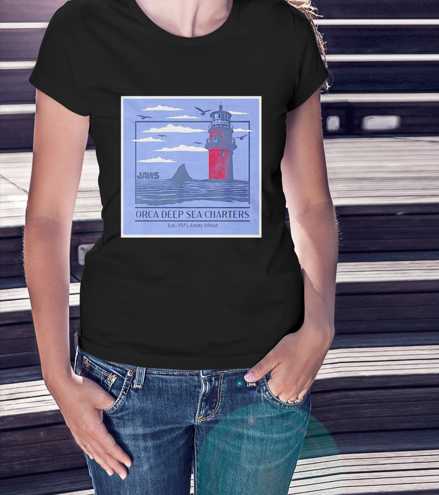 Jaws Orca Deep Sea Charters 1975 Amity Island Lighthouse Ocean Adventure T-Shirt