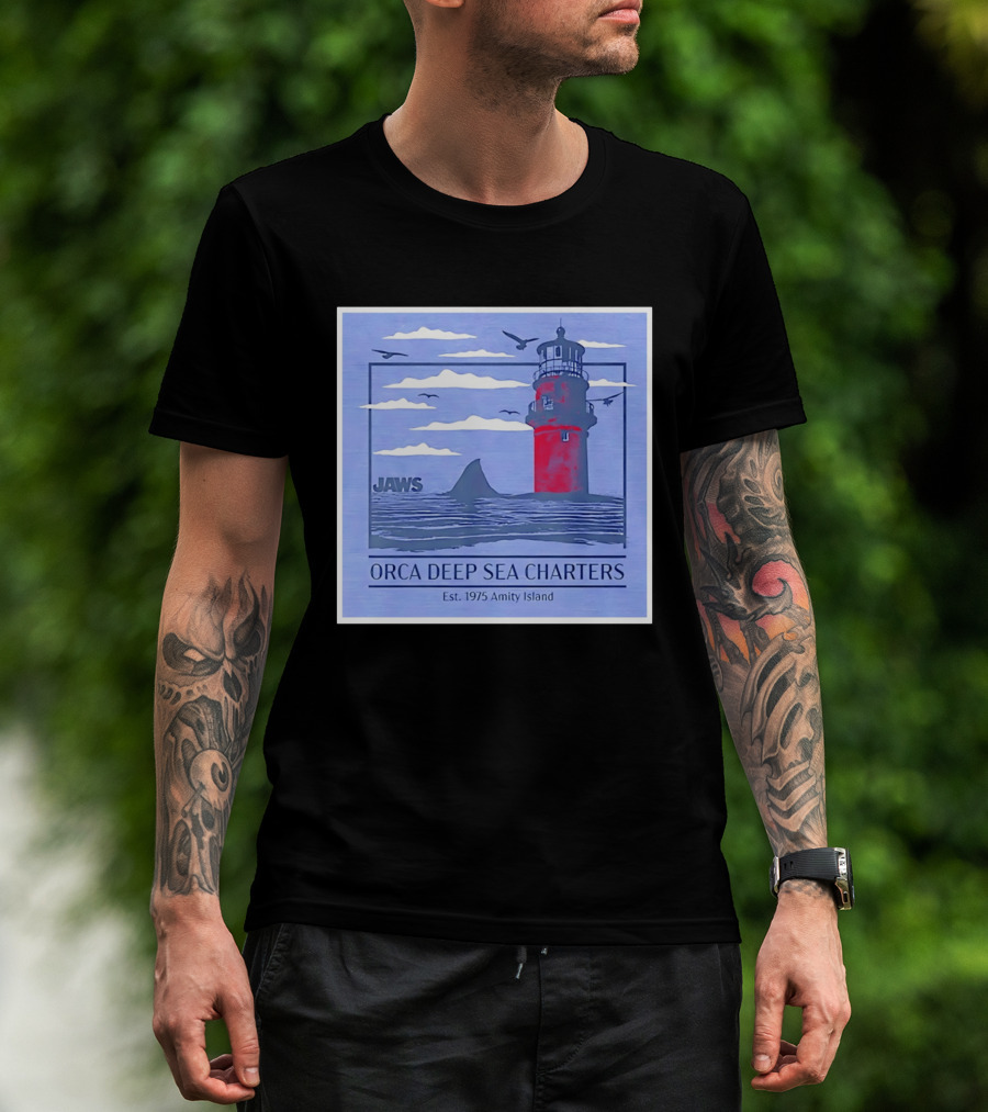 Jaws Orca Deep Sea Charters 1975 Amity Island Lighthouse Ocean Adventure T-Shirt