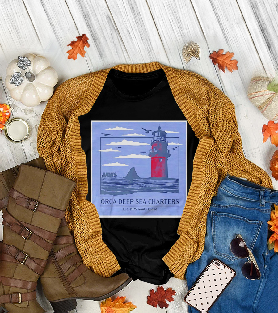 Jaws Orca Deep Sea Charters 1975 Amity Island Lighthouse Ocean Adventure T-Shirt