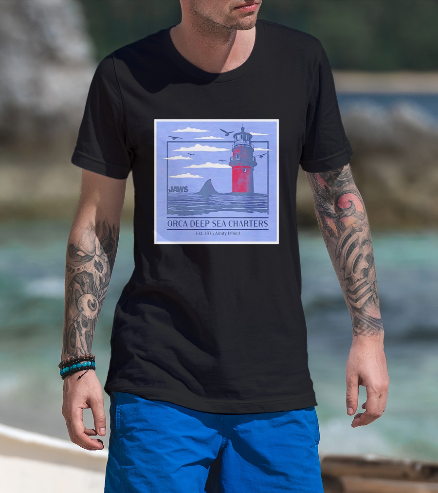 Jaws Orca Deep Sea Charters 1975 Amity Island Lighthouse Ocean Adventure T-Shirt
