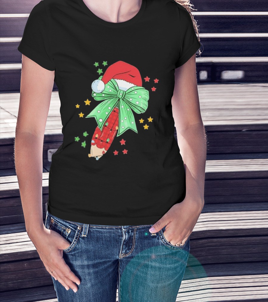 Christmas Elf Pen Candy Cane With Green Bow And Santa Hat T-Shirt