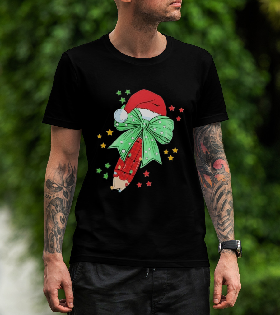 Christmas Elf Pen Candy Cane With Green Bow And Santa Hat T-Shirt