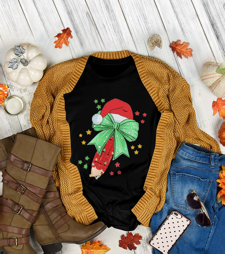 Christmas Elf Pen Candy Cane With Green Bow And Santa Hat T-Shirt
