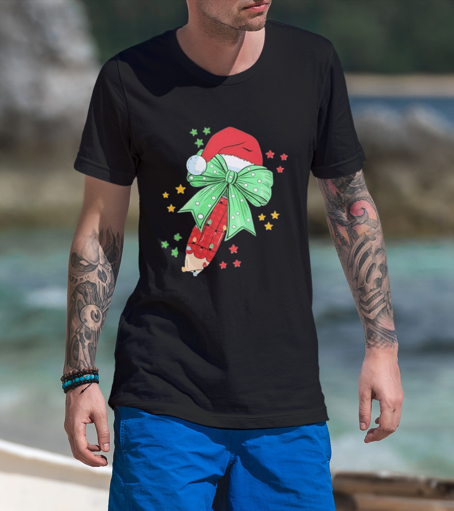 Christmas Elf Pen Candy Cane With Green Bow And Santa Hat T-Shirt